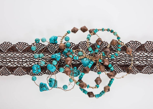 Basha Gold Couture Turquoise Wood Beaded Metal Flower Copper Lace Headpiece