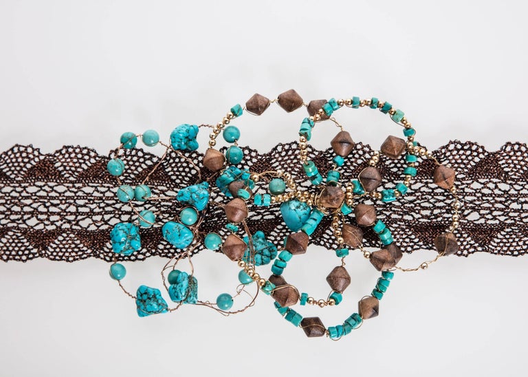 Basha Gold Couture Turquoise Wood Beaded Metal Flower Copper Lace Headpiece