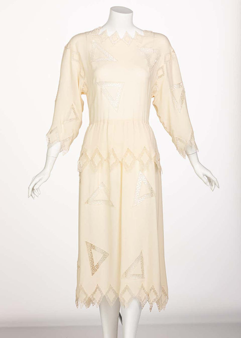 Chloe Karl Lagerfeld Ivory Silk Ebroidered Dress, 1981