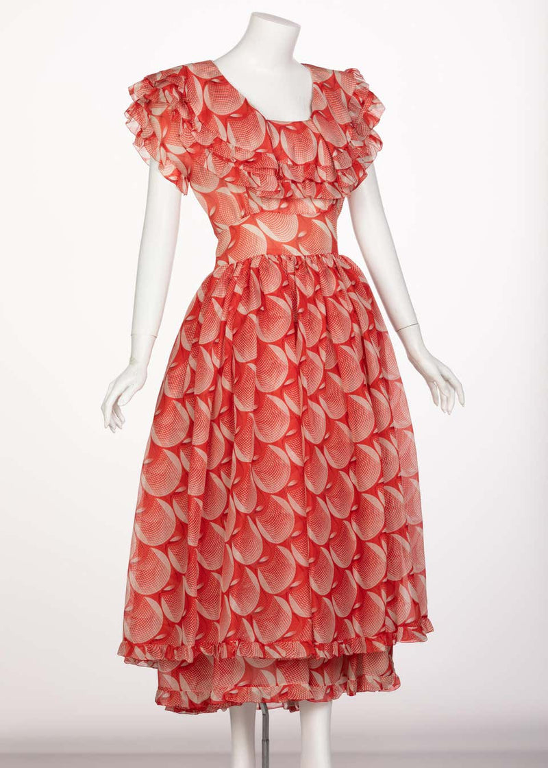 Chloé Karl Lagerfeld Red White Printed Silk Dress Runway 1982