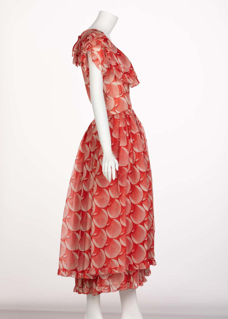Chloé Karl Lagerfeld Red White Printed Silk Dress Runway 1982
