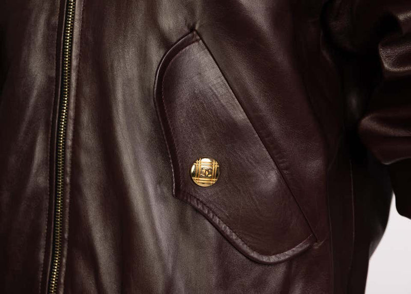 Chanel Brown Leather Bomber Jacket Runway 1990s