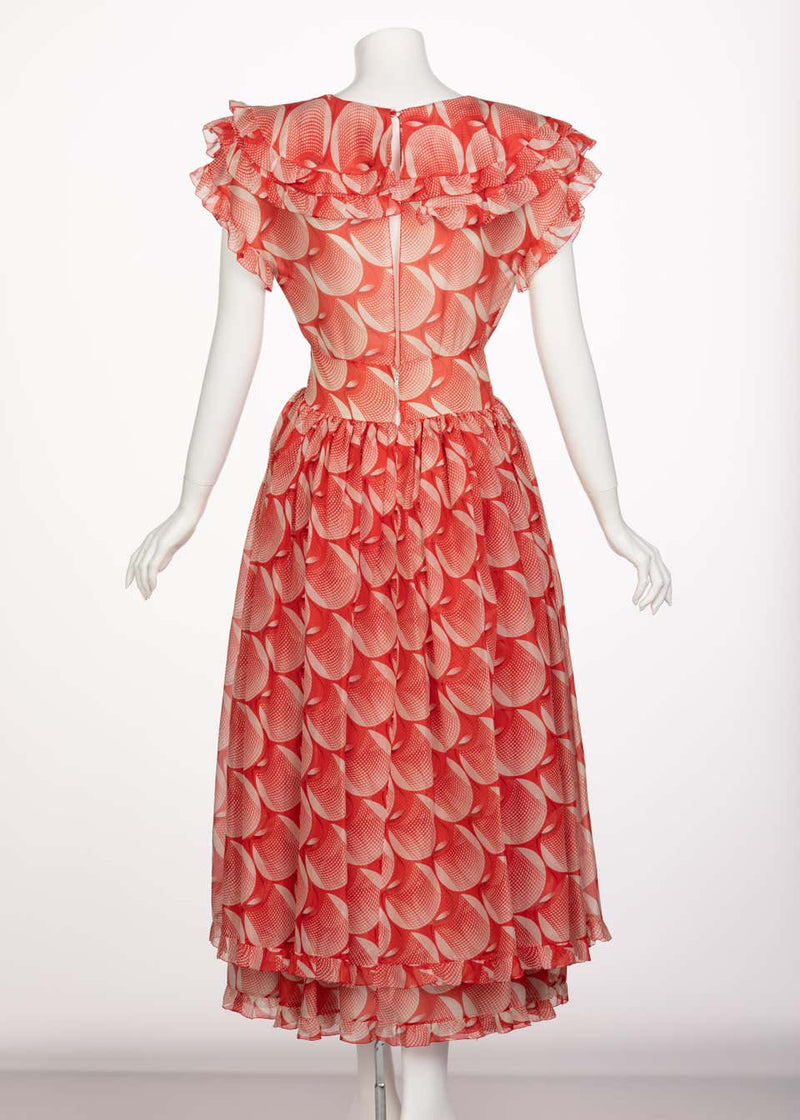 Chloé Karl Lagerfeld Red White Printed Silk Dress Runway 1982