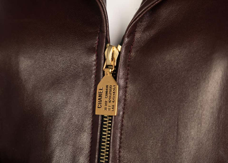 Chanel Brown Leather Bomber Jacket Runway 1990s