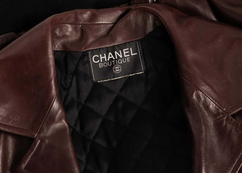 Chanel Brown Leather Bomber Jacket Runway 1990s