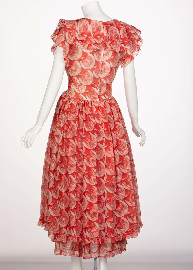 Chloé Karl Lagerfeld Red White Printed Silk Dress Runway 1982