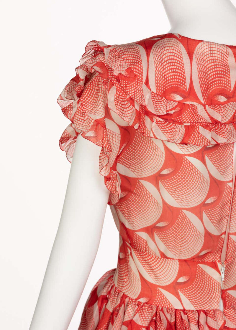 Chloé Karl Lagerfeld Red White Printed Silk Dress Runway 1982