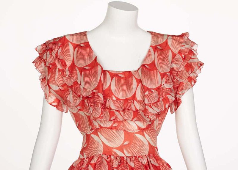Chloé Karl Lagerfeld Red White Printed Silk Dress Runway 1982