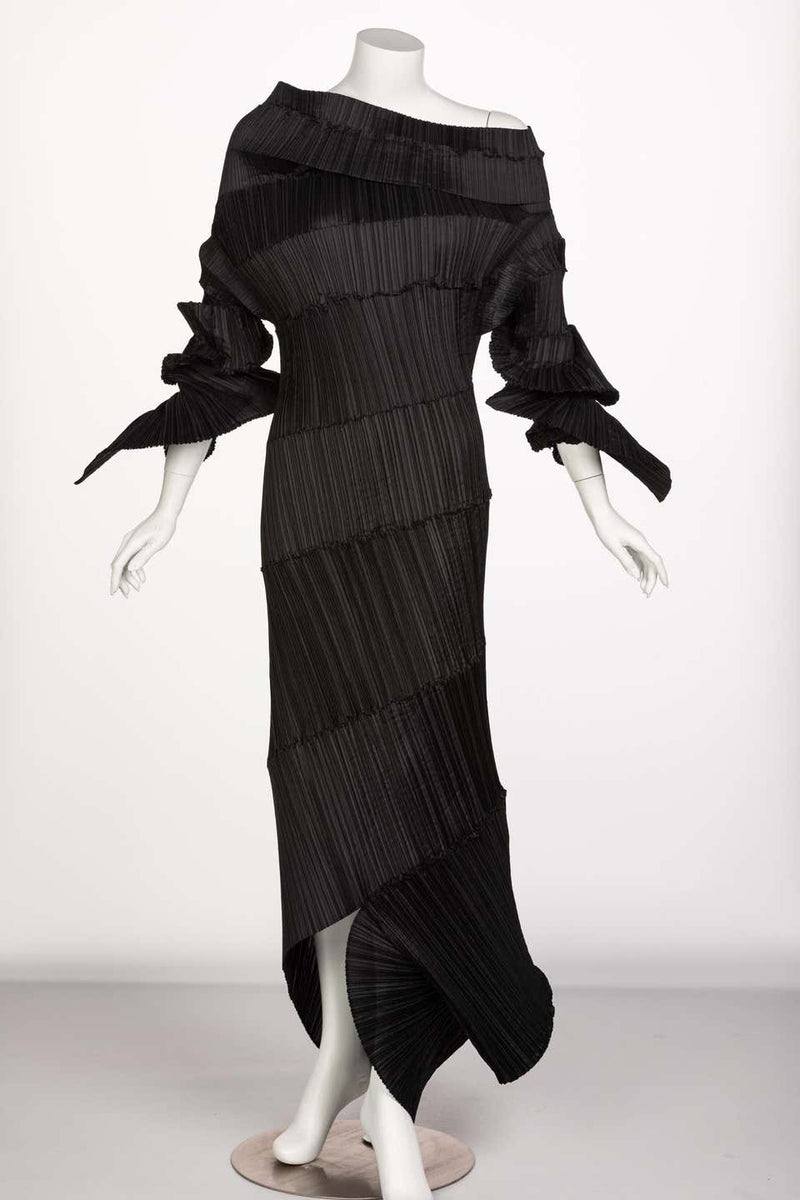 Issey Miyake Black Pleated Spiral Dress, 1990s