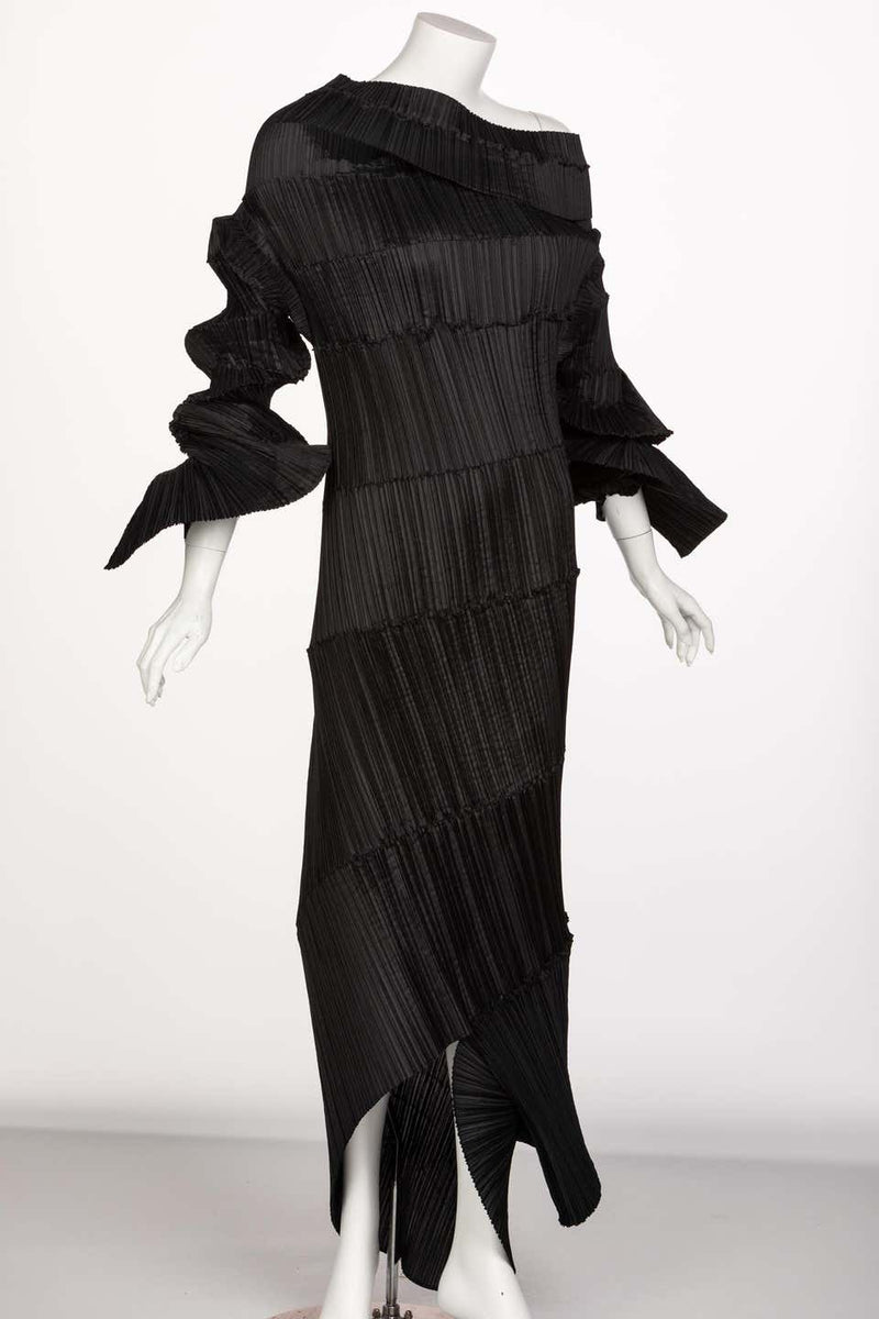 Issey Miyake Black Pleated Spiral Dress, 1990s