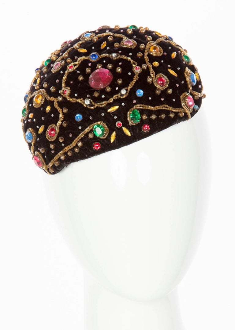 1950s Balenciaga Haute Couture Black Velvet Jewel Toque Hat