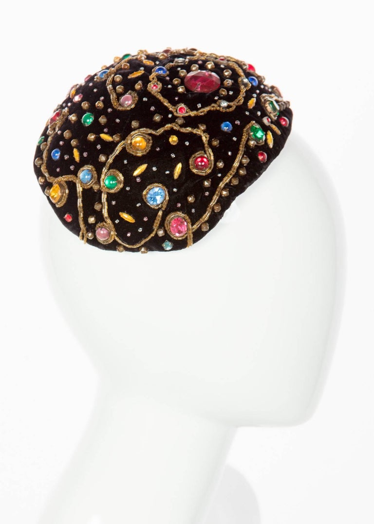 1950s Balenciaga Haute Couture Black Velvet Jewel Toque Hat