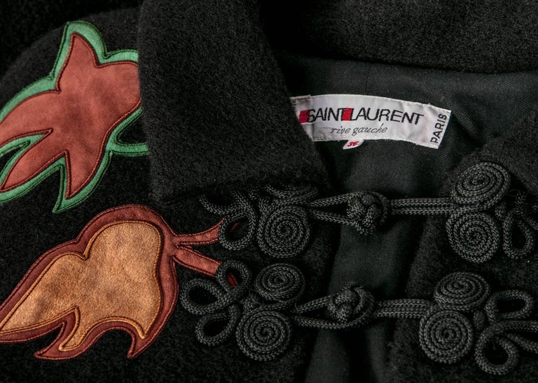 1970s Saint Laurent Rive Gauche Black Wool Falling Leaves Appliquè Cape