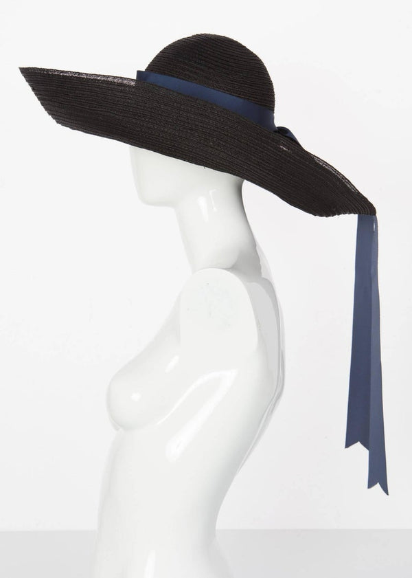 Lanvin Alber Elbaz Black Sun Hat Navy Ribbon Band, 2006