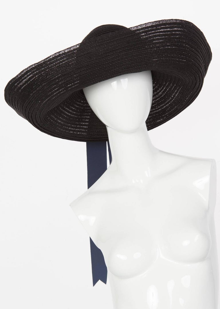 Lanvin Alber Elbaz Black Sun Hat Navy Ribbon Band, 2006
