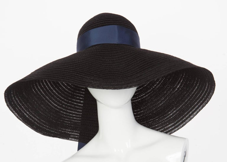 Lanvin Alber Elbaz Black Sun Hat Navy Ribbon Band, 2006