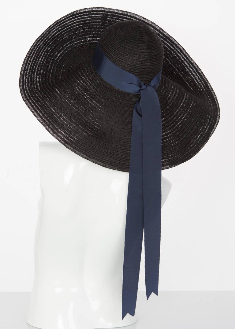 Lanvin Alber Elbaz Black Sun Hat Navy Ribbon Band, 2006