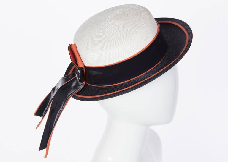 1960s Yves Saint Laurent Ivory and Navy Derby Hat Patent Leather Orange Hatband