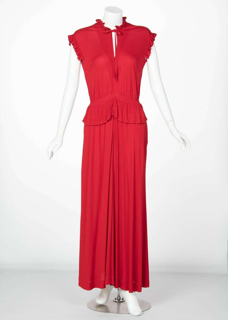 1970s Jean Muir Red Peplum Draped Jersey Dress
