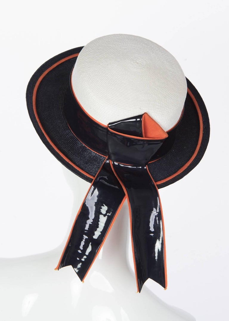 1960s Yves Saint Laurent Ivory and Navy Derby Hat Patent Leather Orange Hatband