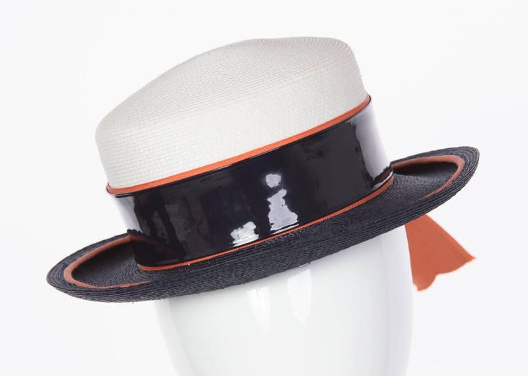 1960s Yves Saint Laurent Ivory and Navy Derby Hat Patent Leather Orange Hatband