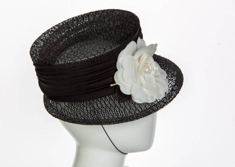 Donna Karan Black Lace Ivory Floral-Accent Majorette Hat