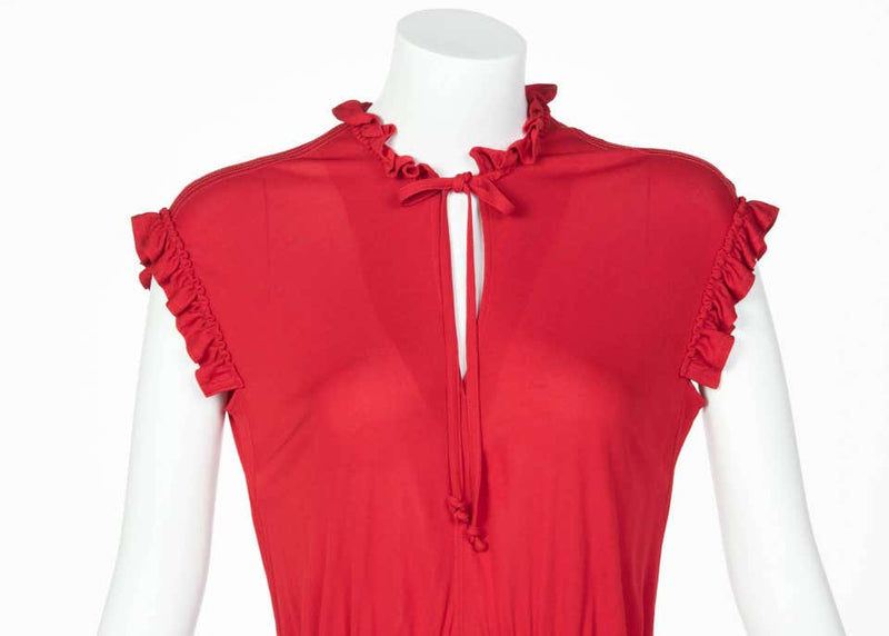 1970s Jean Muir Red Peplum Draped Jersey Dress