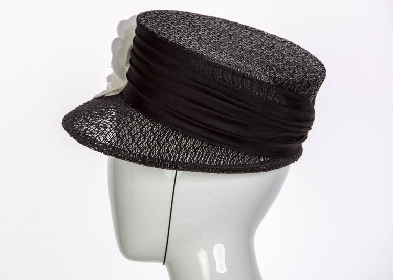 Donna Karan Black Lace Ivory Floral-Accent Majorette Hat