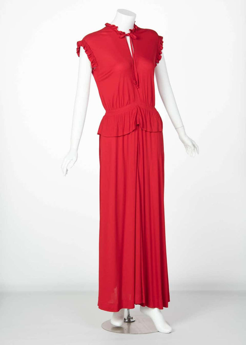 1970s Jean Muir Red Peplum Draped Jersey Dress