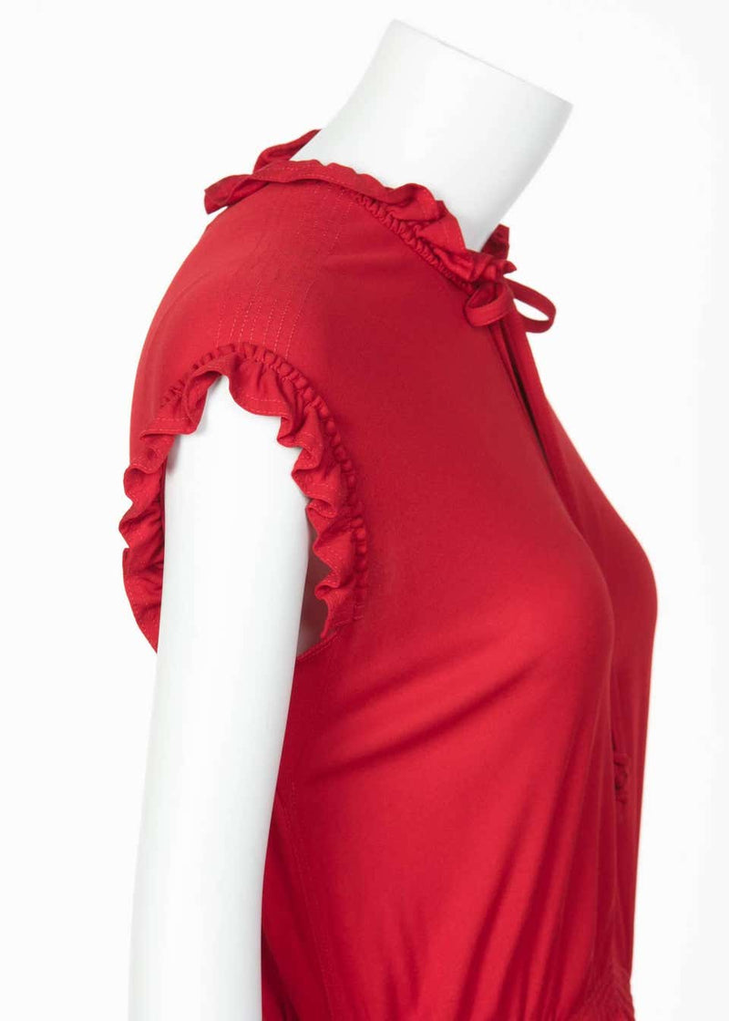 1970s Jean Muir Red Peplum Draped Jersey Dress