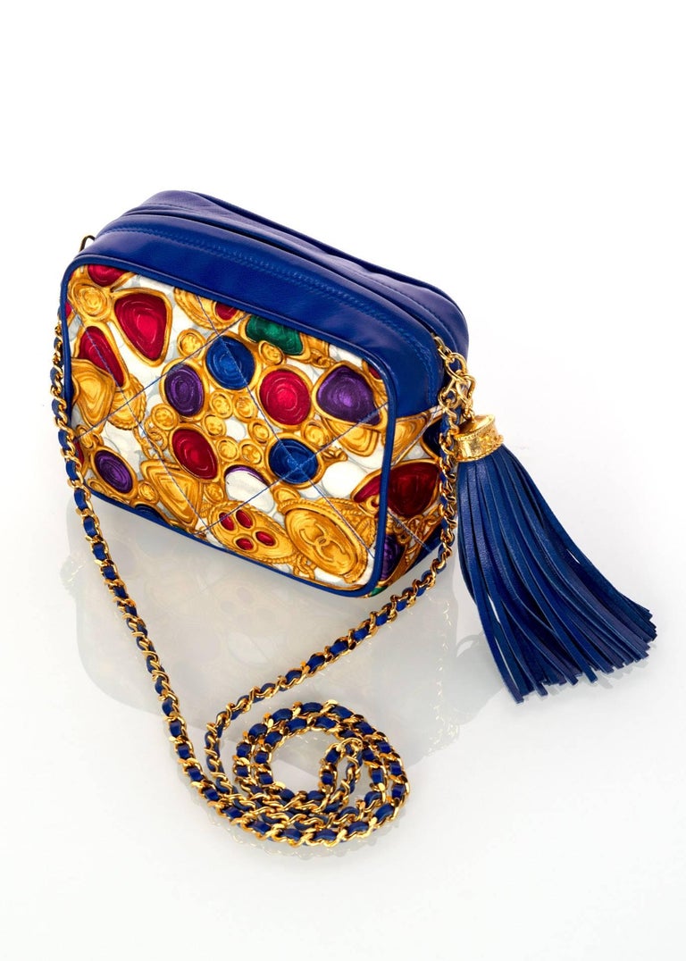 1990s Chanel Silk Gripoix Jewel Print Blue Leather Tassel Chain Crossbody Bag