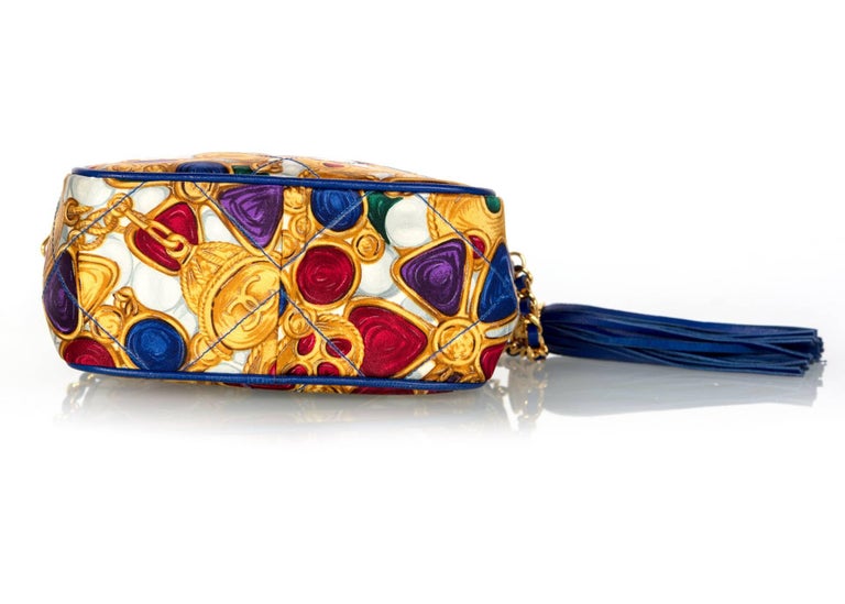 1990s Chanel Silk Gripoix Jewel Print Blue Leather Tassel Chain Crossbody Bag
