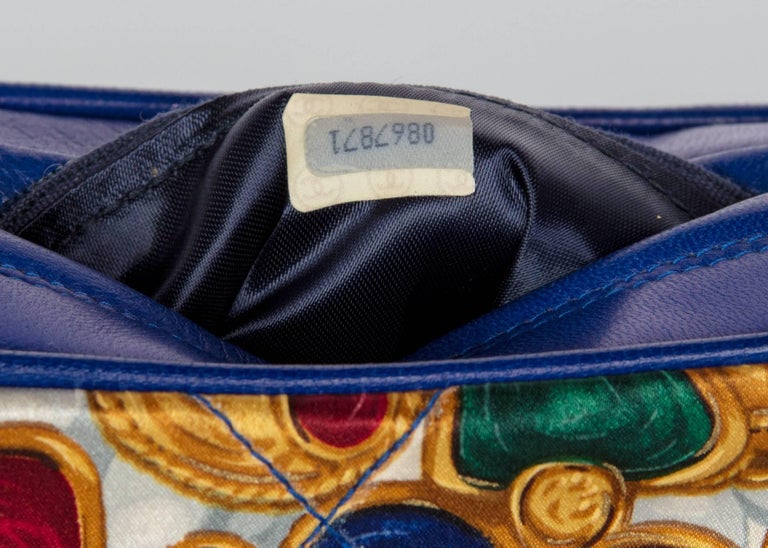 1990s Chanel Silk Gripoix Jewel Print Blue Leather Tassel Chain Crossbody Bag