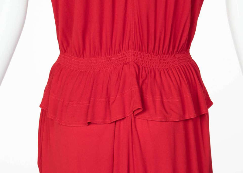 1970s Jean Muir Red Peplum Draped Jersey Dress