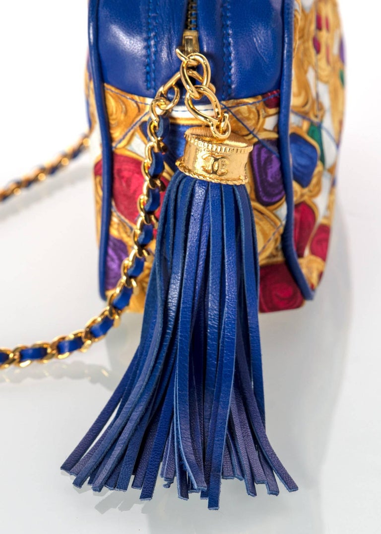 1990s Chanel Silk Gripoix Jewel Print Blue Leather Tassel Chain Crossbody Bag