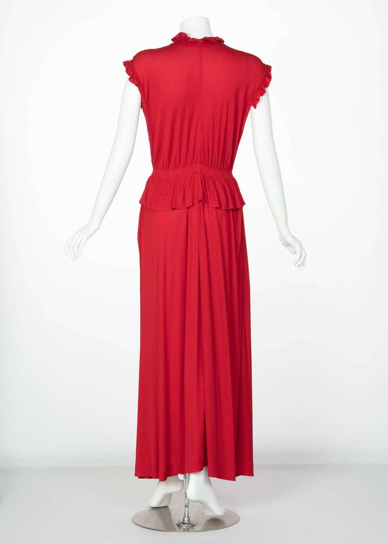 1970s Jean Muir Red Peplum Draped Jersey Dress