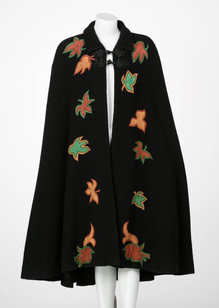 1970s Saint Laurent Rive Gauche Black Wool Falling Leaves Appliquè Cape