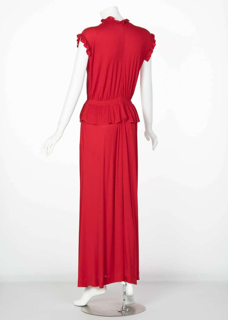 1970s Jean Muir Red Peplum Draped Jersey Dress