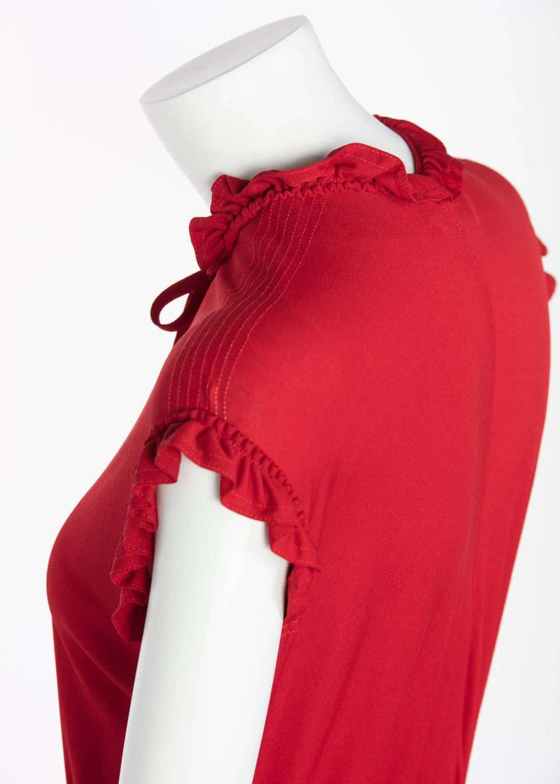 1970s Jean Muir Red Peplum Draped Jersey Dress