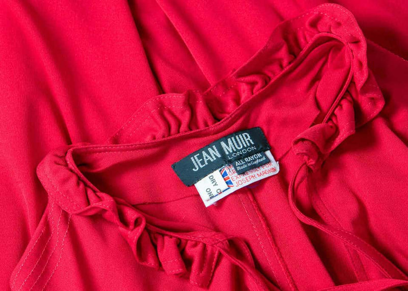 1970s Jean Muir Red Peplum Draped Jersey Dress