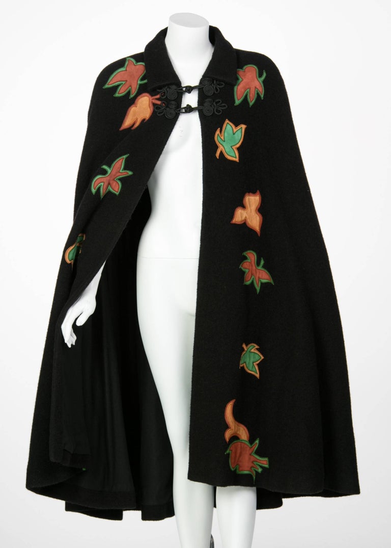 1970s Saint Laurent Rive Gauche Black Wool Falling Leaves Appliquè Cape