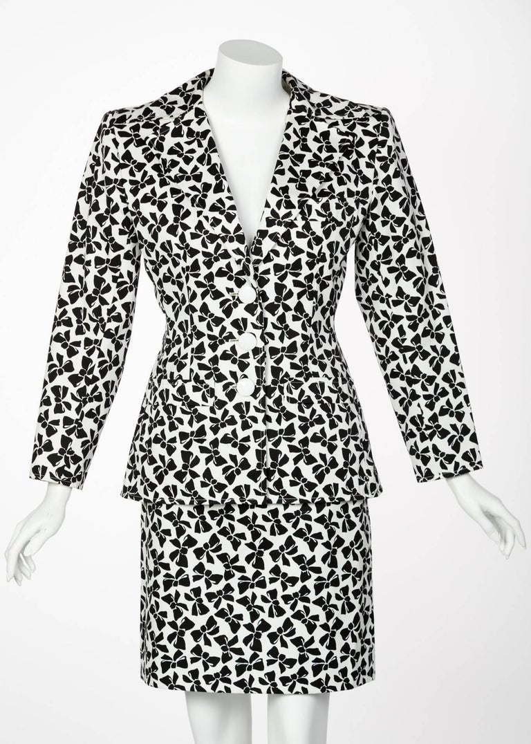 Yves Saint Laurent Cotton Black and White Bow print Skirt Suit, 1980s