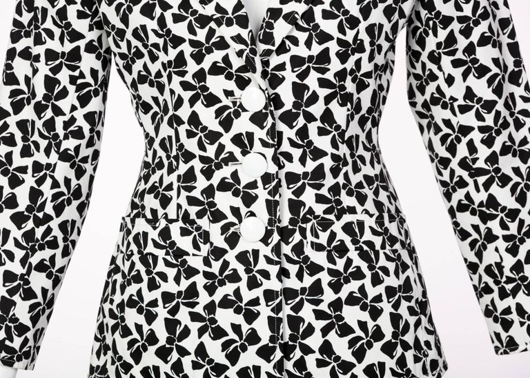 Yves Saint Laurent Cotton Black and White Bow print Skirt Suit, 1980s