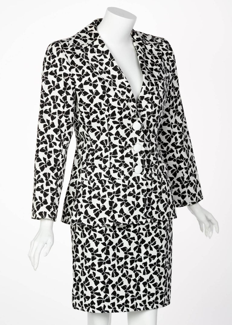 Yves Saint Laurent Cotton Black and White Bow print Skirt Suit, 1980s