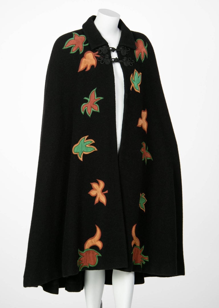 1970s Saint Laurent Rive Gauche Black Wool Falling Leaves Appliquè Cape