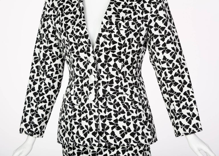 Yves Saint Laurent Cotton Black and White Bow print Skirt Suit, 1980s