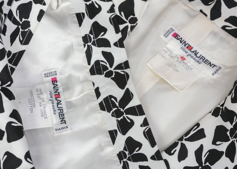 Yves Saint Laurent Cotton Black and White Bow print Skirt Suit, 1980s