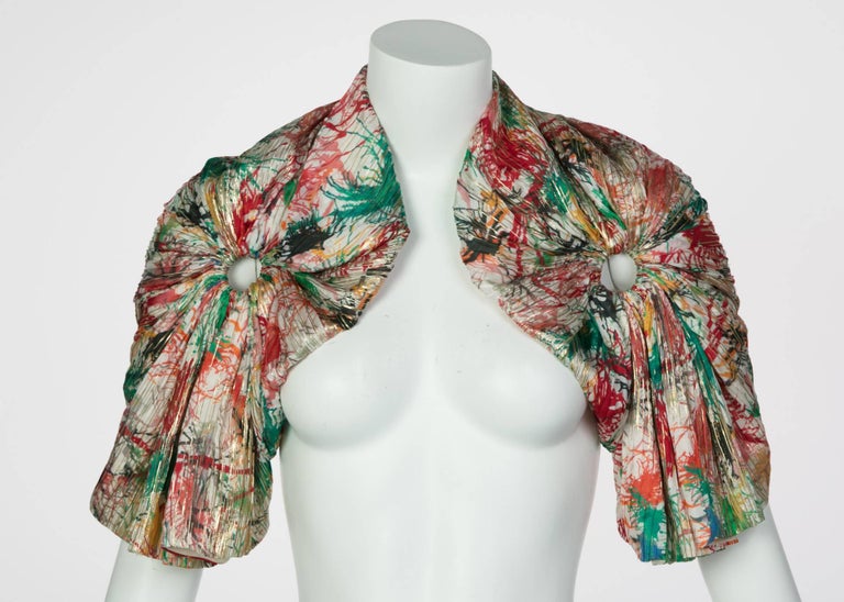 c. 2006 Zac Posen Splash Paint Multicolored Print Silk Lamè Bolero Jacket