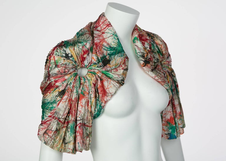 c. 2006 Zac Posen Splash Paint Multicolored Print Silk Lamè Bolero Jacket