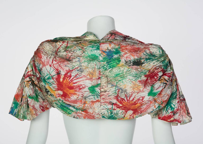c. 2006 Zac Posen Splash Paint Multicolored Print Silk Lamè Bolero Jacket
